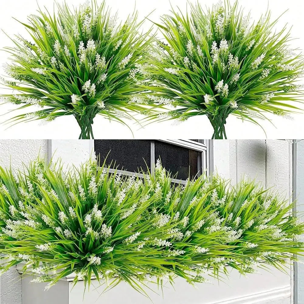 

12 Bundles Artificial Plants Outdoor Faux Lavender Flowers Fake Monkey Grass UV Resistant Plastic Greenery Plants For Garden Ho
