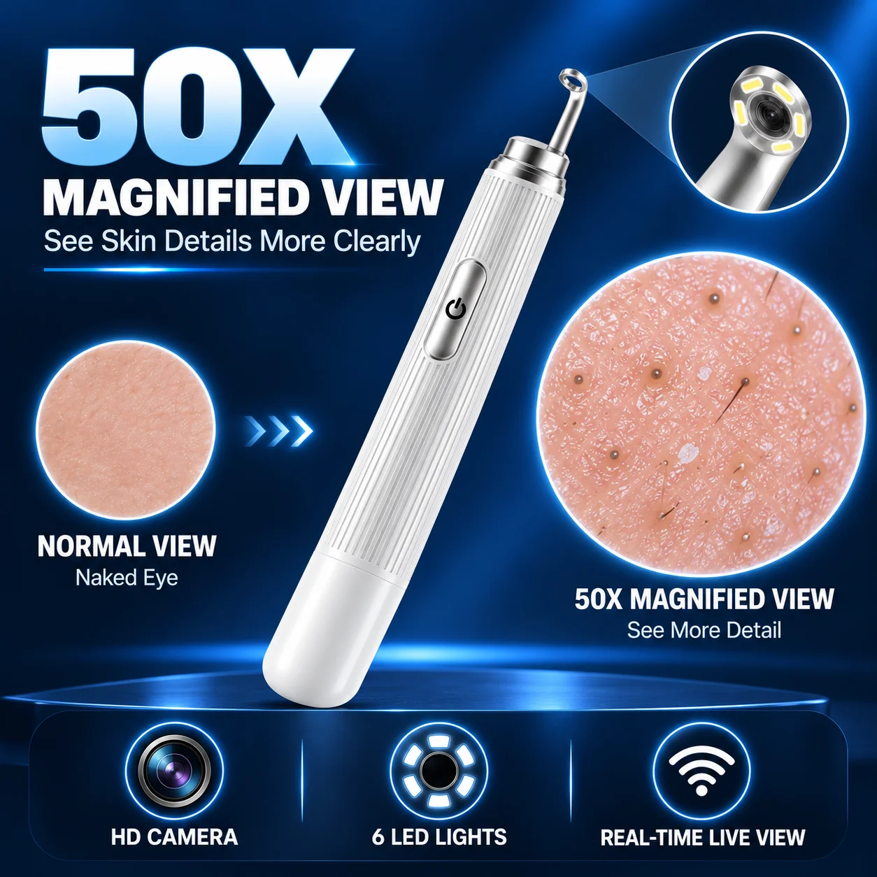 Visual Blackhead Remover Pen WiFi 50X Skin Camera with LED Light, Type-C Rechargeable Facial Pore Cleaner for Skin Care