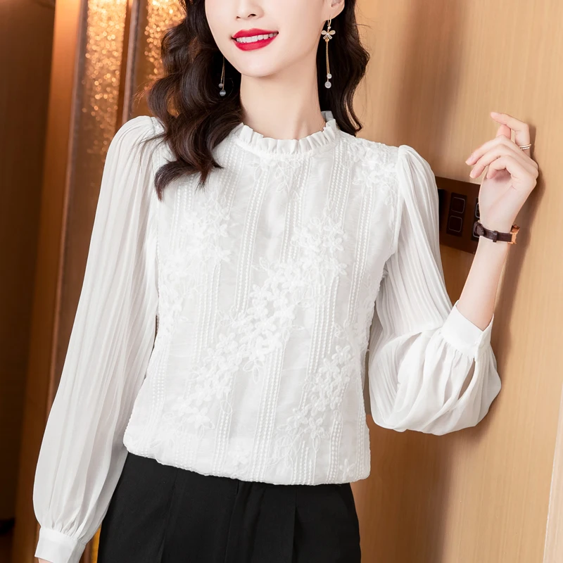 Long Sleeve Blouse Women White Lace Chiffon Blouse Shirt Tops Women Blusas Mujer De Moda 2024 Blouses Shirts Blusa Camisas E159