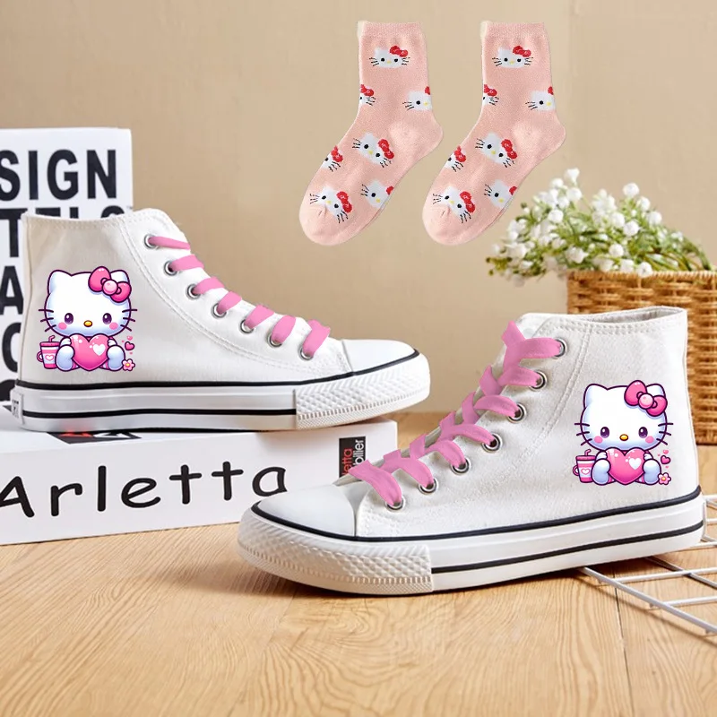 

Кеды с принтом Hello Kitty, низкие, из канваса, милые повседневные кроссовки на плоской подошве, студенческая обувь на каждый день, с дополнительными носками и сменными шнурками