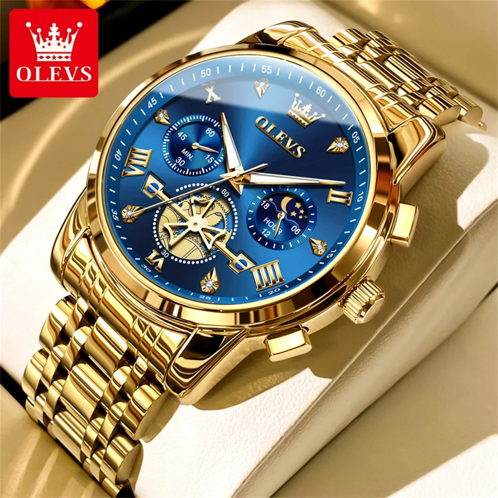 OLEVS Original Quartz Watch for Men Trendy Skeleton Flywheel Design Waterproof 24 Hour Moon Phase Chronograph Men's Watches 2856