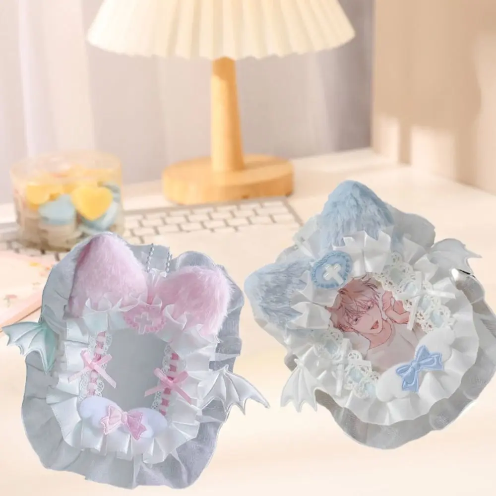 

Portable Ins Style Cartoon Plush Card Holder Cat Ear Lace Photo Protector Case Angel Wings Diy ID Credit Case Girl