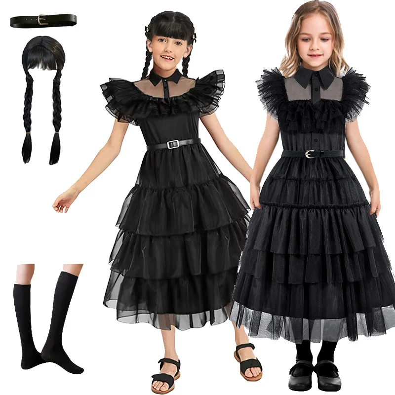 

Wednesday Adams role play costume 2023 new Halloween carnival party black evening dress girls lace cut-out princess skirt