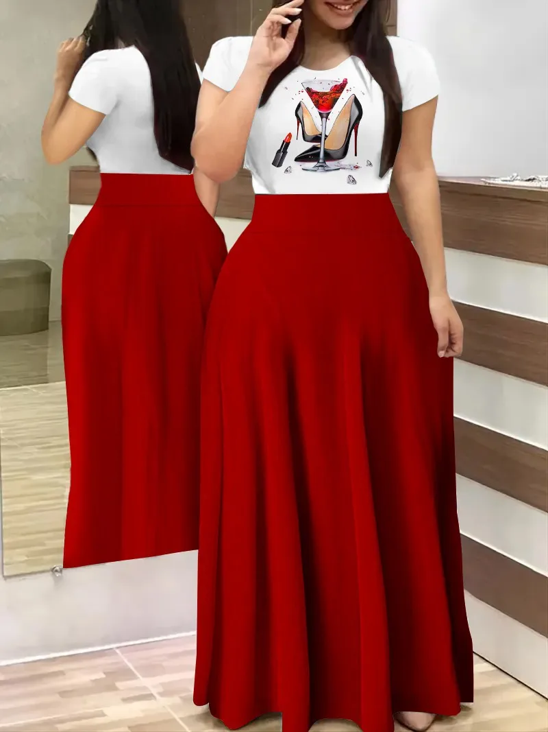 Summer New Commuter Digital Printed Long Dress Elegant Women's Slim Fit Round Neck Short Sleeve Red High Heels Printed Dresses