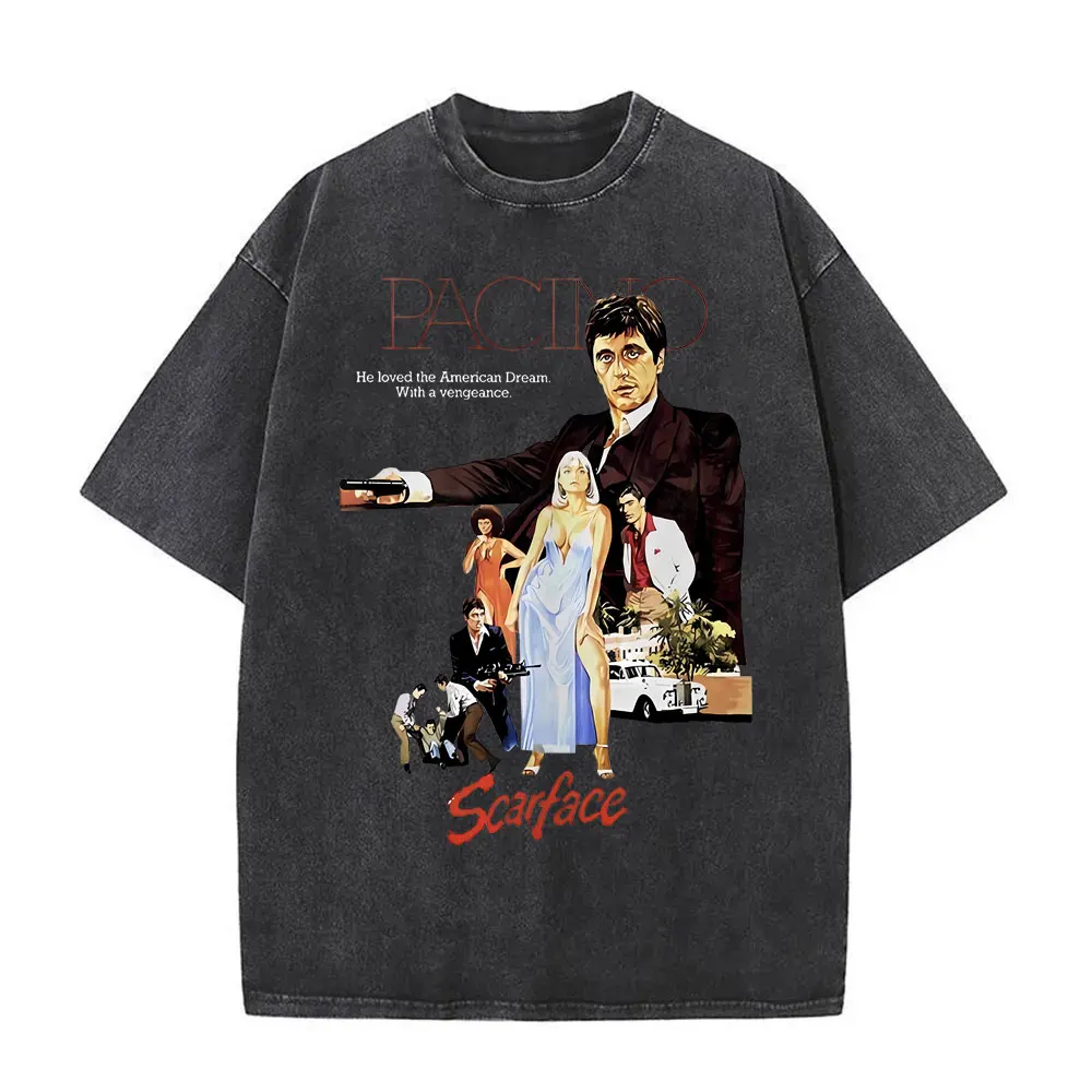 

Men Women Washed Vintage Scarface Movie Al Pacino As Tony Montana He Loved The Amencan Dream with A Vengeance Graphic T-shirts