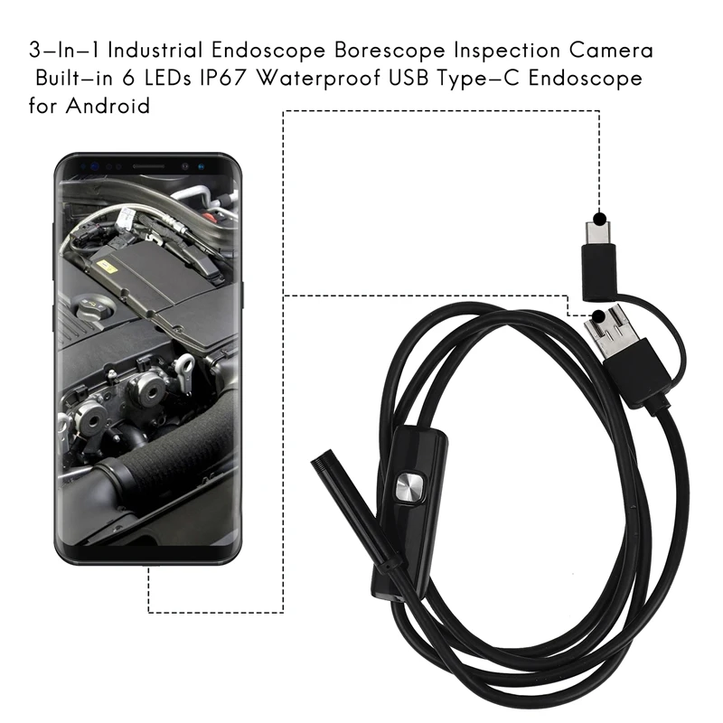 XTECH 3-In-1 Industrial Endoscope Borescope Inspection Camera Built-In 6 Leds IP67 Waterproof USB Type-C Endoscope For Android S