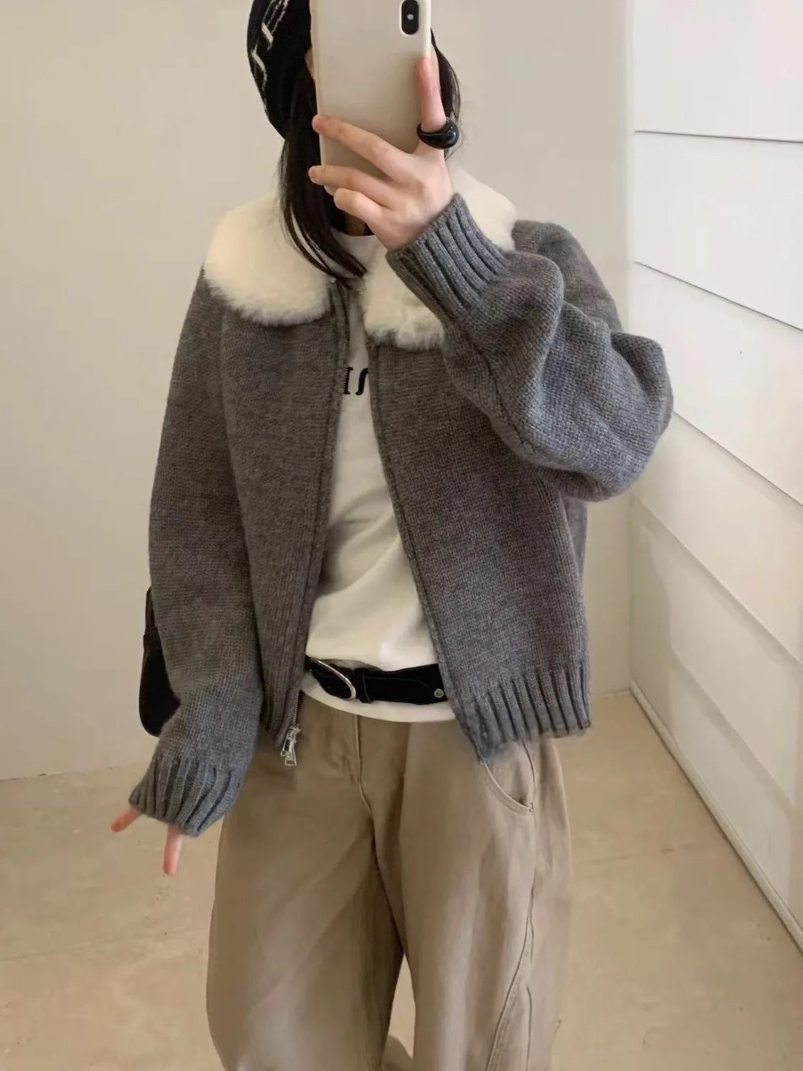 

Корейский мягкий уютный вязаный кардиган с большим меховым воротником, свободный женский кардиган в стиле оверсайз, верхняя одежда для осени и зимы