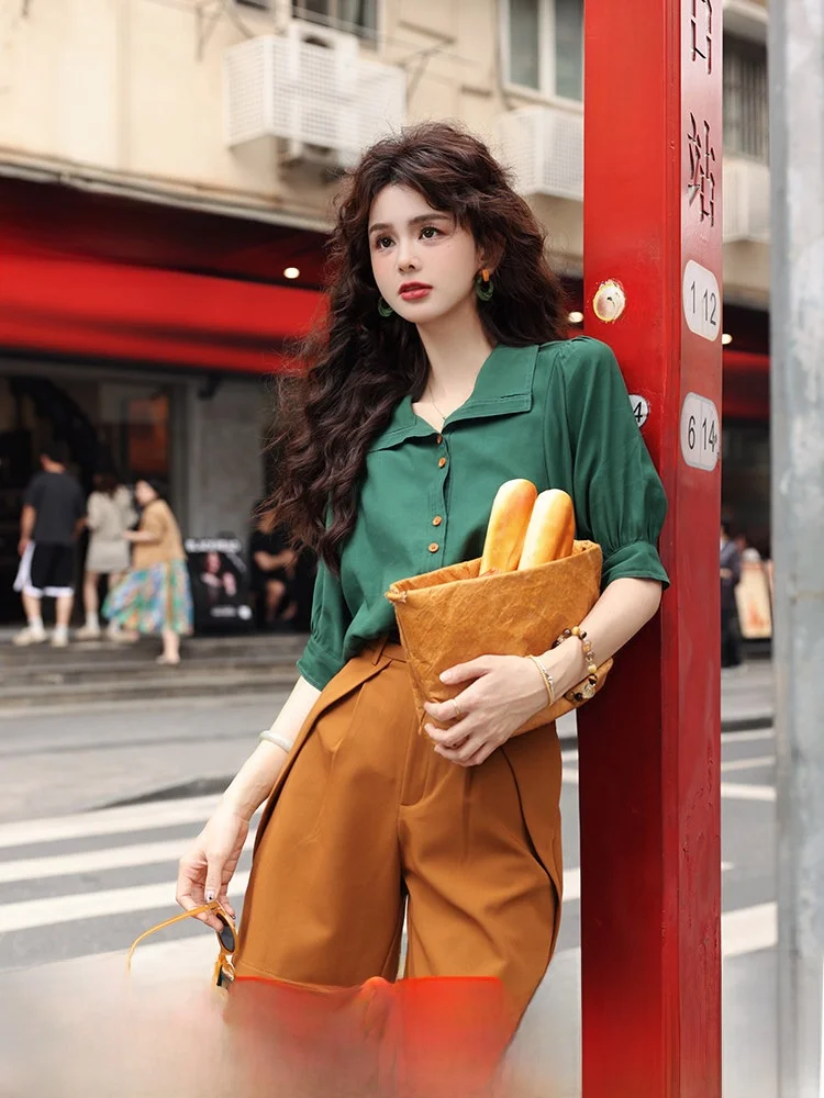 

Женская рубашка Annie Roman, летняя коллекция 2025, новая винтажная свободная рубашка с коротким рукавом на пуговицах из смесового хлопка, повседневная