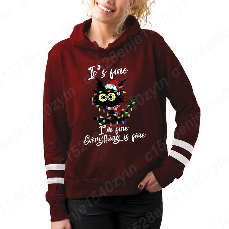 Christmas Light Cat It\'s Fine I\'m Fine Everything Is Fine Print Hooded Hoodie Women Plus Size Sweatshirt Autumn Winter Pullovers