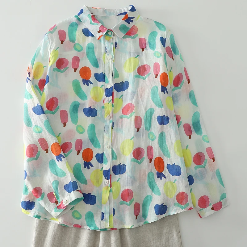 Hand-Painted Floral Casual Shirt Women's Long Sleeve Turn-down Collar Breathable Cotton Polyester Blend Autumn New Style