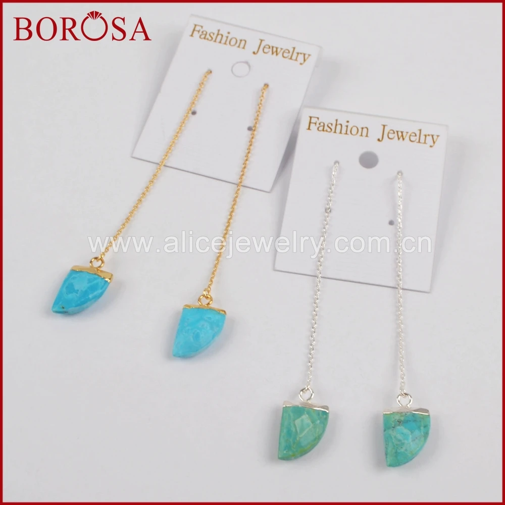 Horn Shape Silver Plated Natural Turquoise Threader Earrings Natural Stone Dangle Earrings for Women S1350