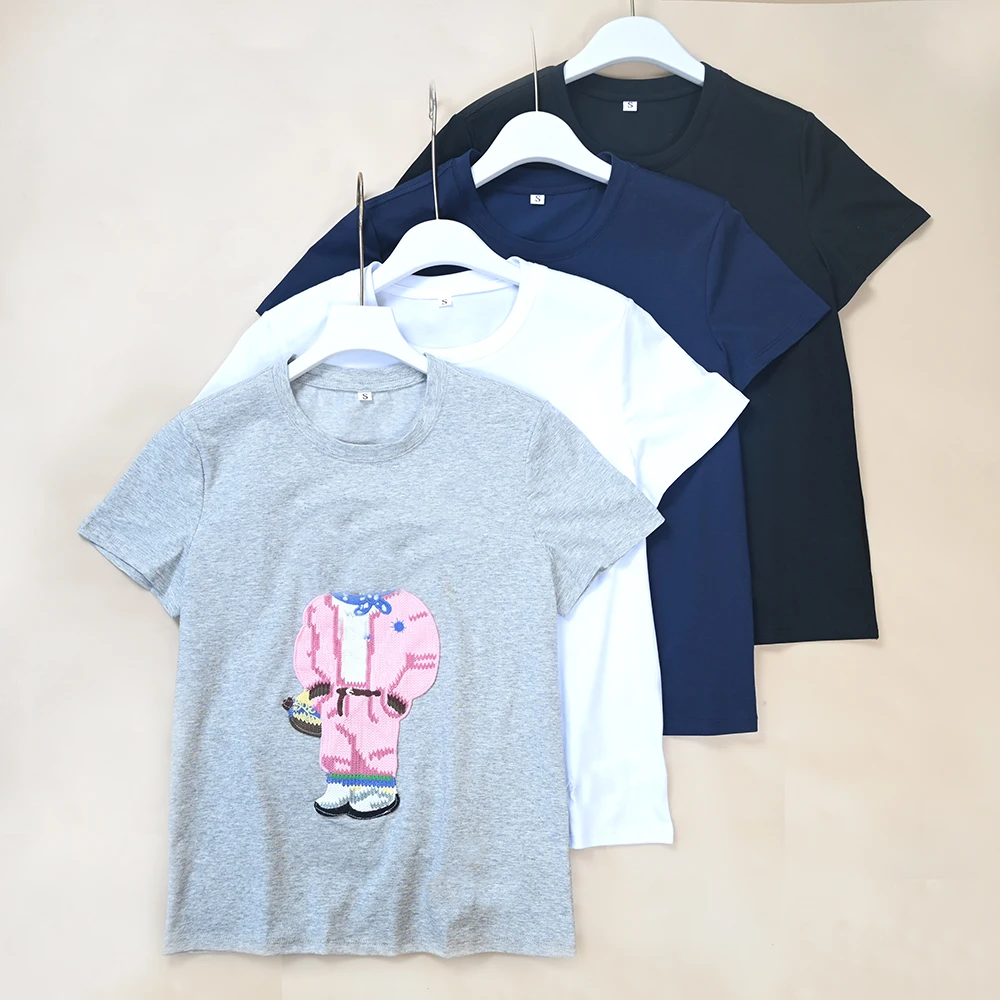 

Summer New Women's Cartoon Pattern Embroidered Letter round Neck Slim Fit Short Sleeve T-Shirt Cotton Material round Neck Design