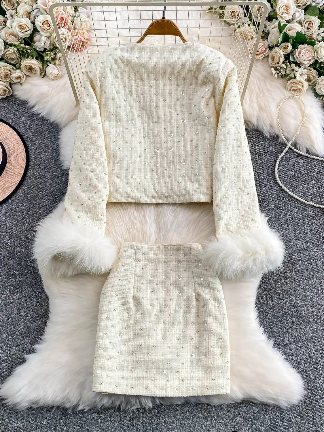 French Style Elegant Heavy Industry Beading Plush Long Sleeve Short Jacket High Waist Sequin Tweed Skirt Two-Piece Set for Women