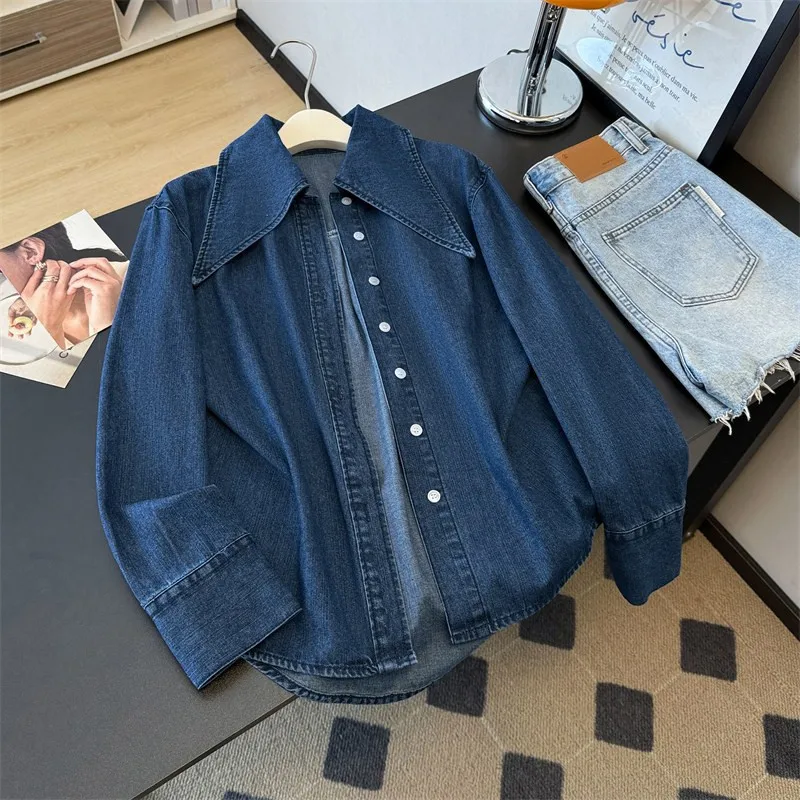 

Vintage Embroidery Blue Denim Jacket Autumn New Women Slim Short Cowboy Outerwear Lapel Long Sleeve Jeans Jacket Coat Streetwear