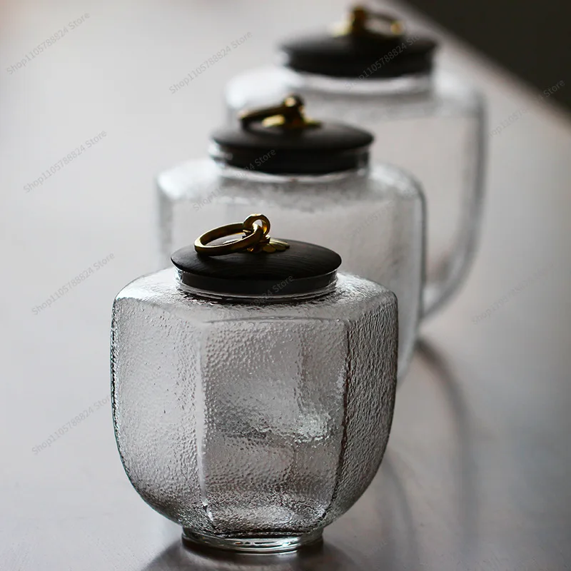 For retro copper buckle tea can glass sealed jar, hammer glass small storage tank tea warehouse