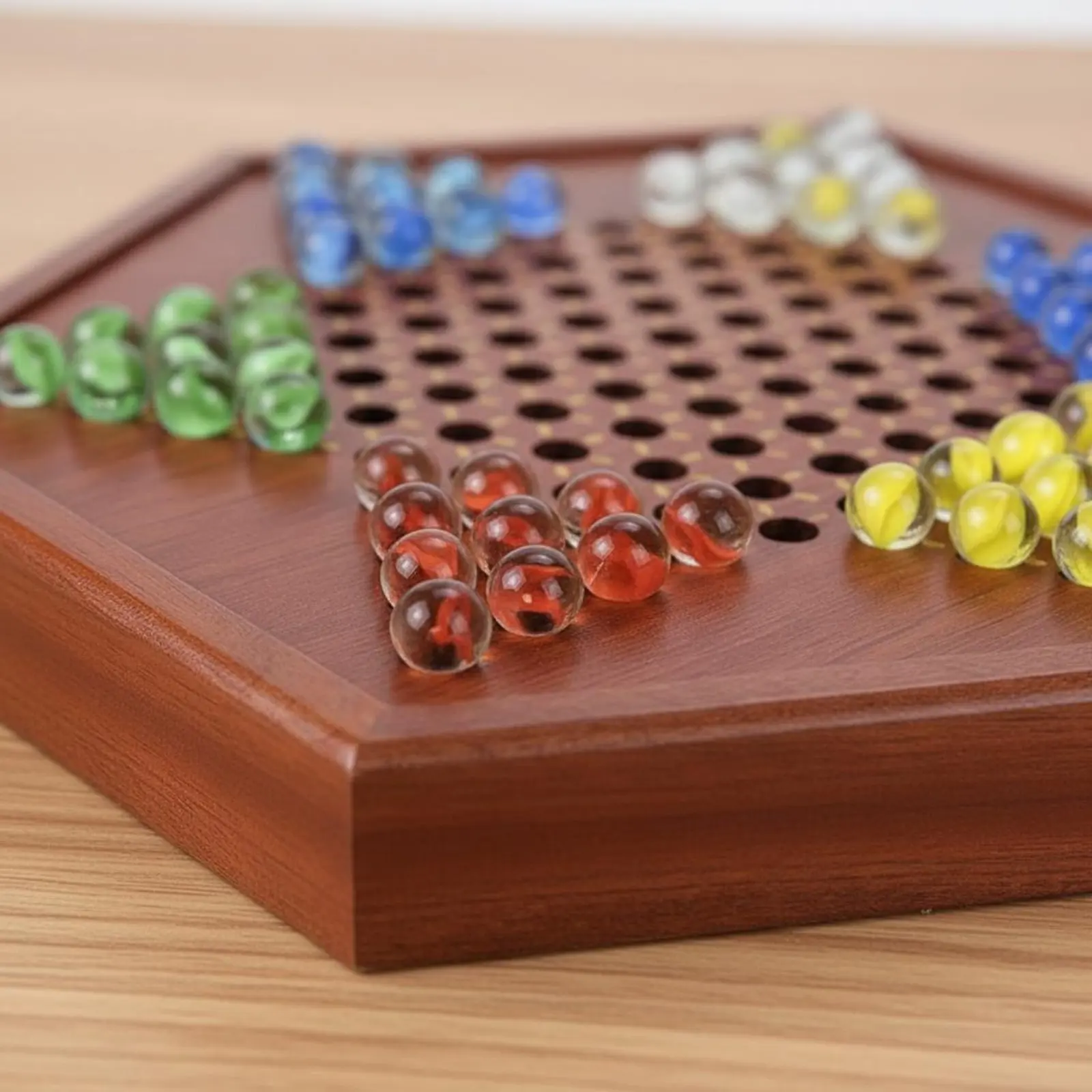 

Chinese Checkers Board with Storage Drawer Premium Design Hardwood Wood Hexagonal Checkerboard 6 Player Marble Game for Children