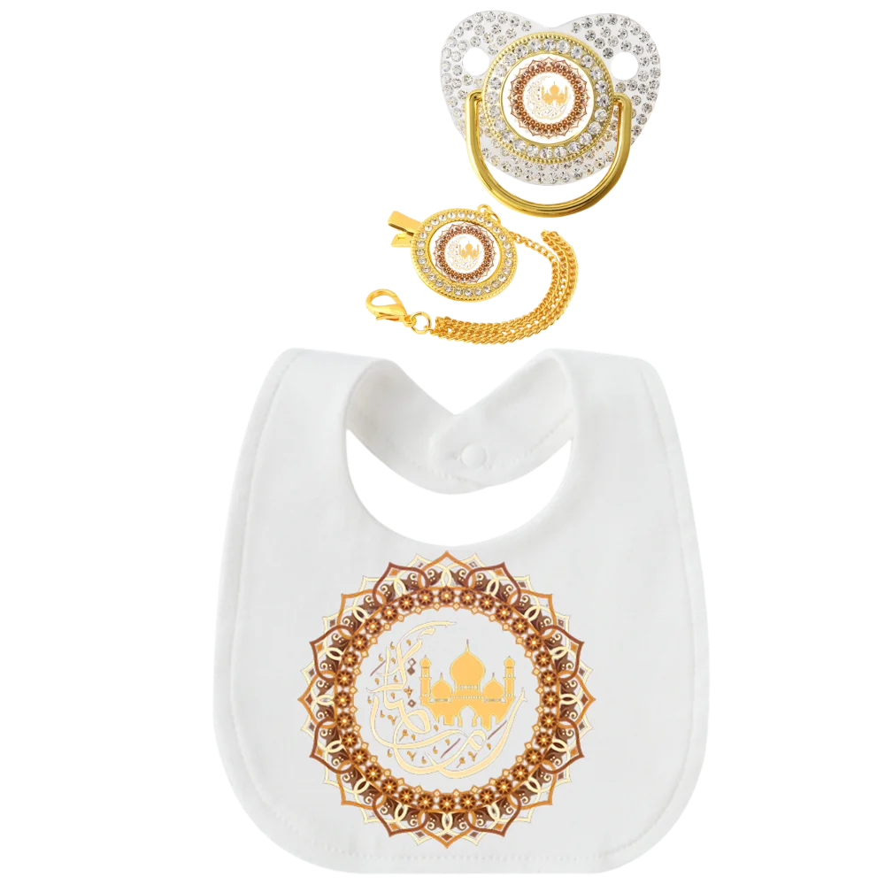 Islamic Pattern Infant Bib Bandana Drool Bib with Pacifier Silicone Nipple Soother Clip Holder Strap Cotton Soft 0-12 Months