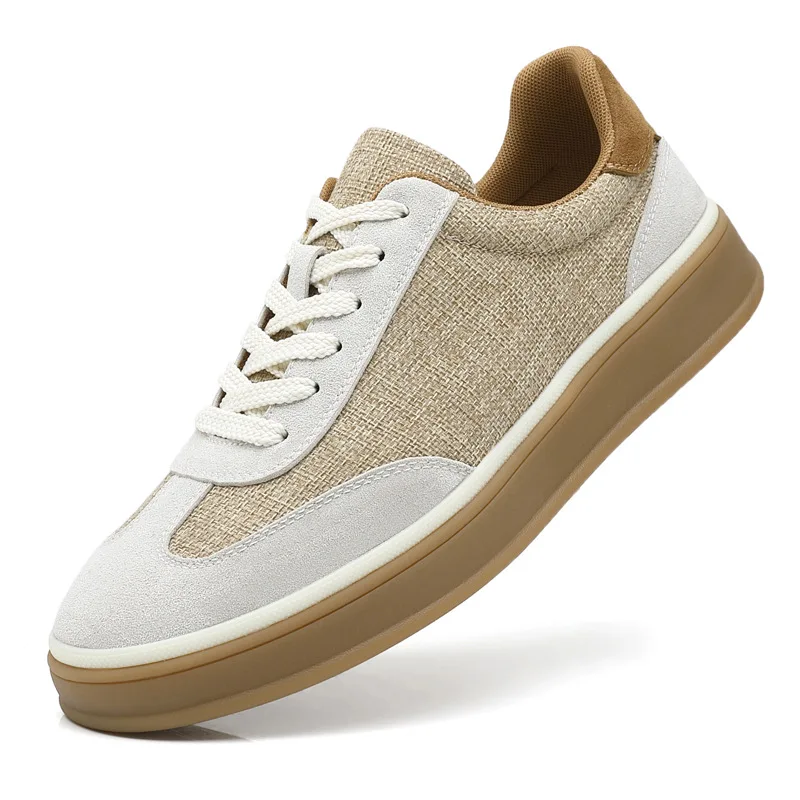 Spring Shoes for Men Casual Shoes Flax Leather Patchwork Flat Skateboard Shoes Youth Cool Lace-up Sneakers