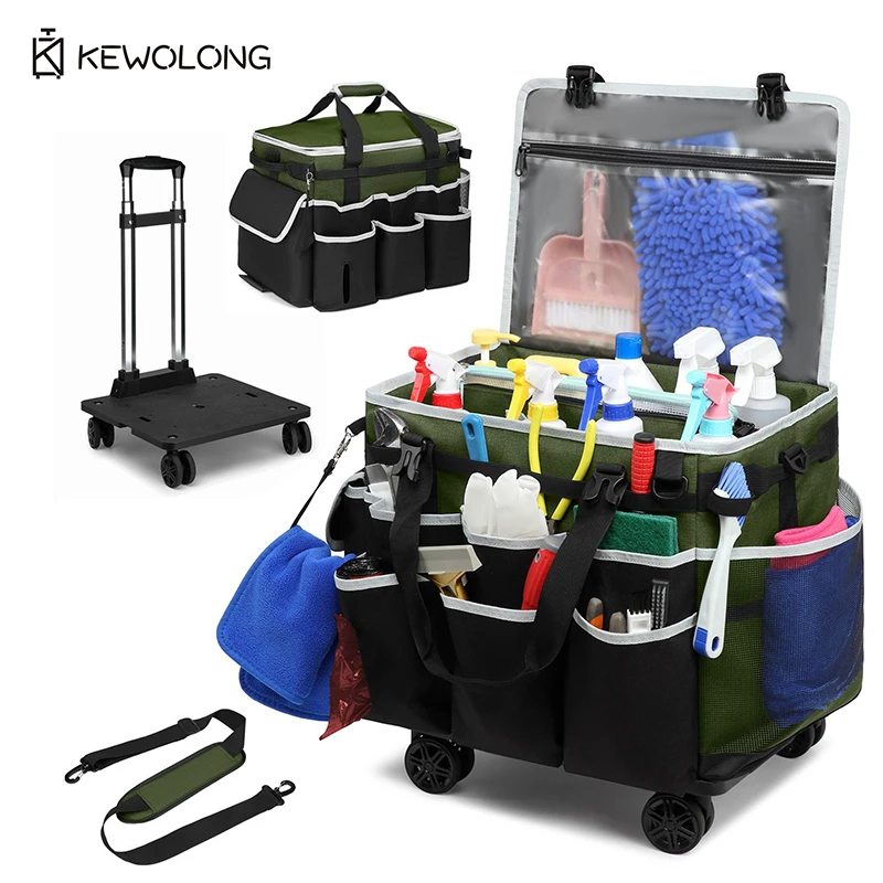 

Large Capacity Rolling Cleaning Caddy Bag, Housekeeper Supplies Organizer Tote with Trolley & Silent Wheels, Heavy Duty Storage