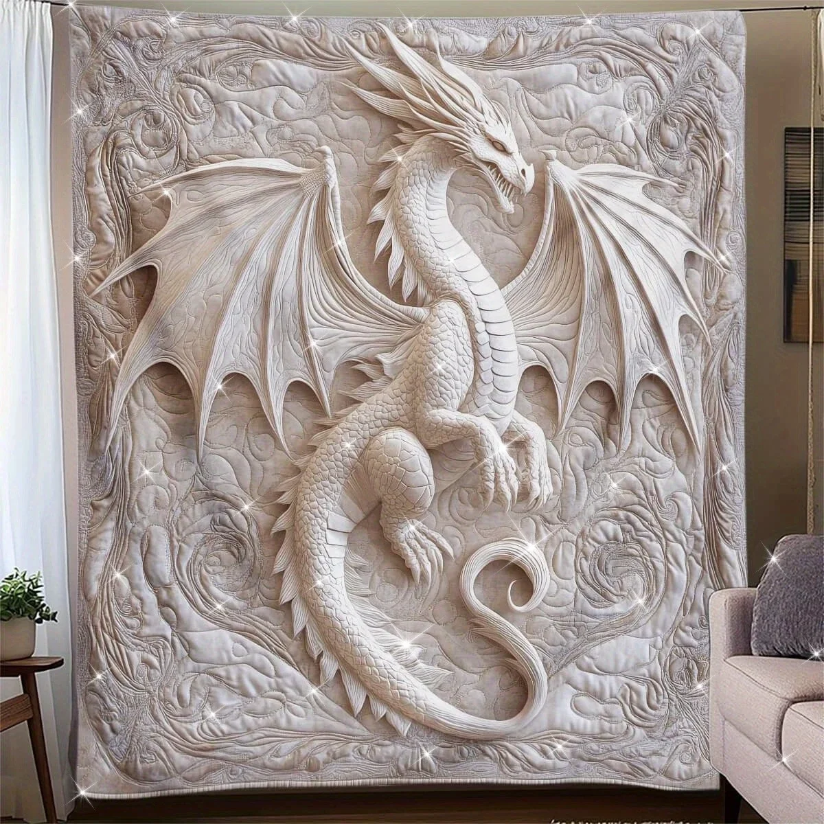 Vintage Dragon Embossed Flannel Throw Blanket, Geometric Pattern Soft Blanket for Sofa, All Season Home Decor with Dragon Design