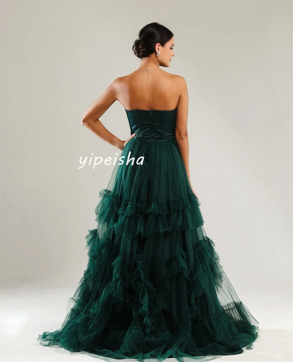 Customized Modern Style Matching Tulle Pleat Tiered Draped A-line Strapless Long Dresses Cocktail Dresses Casual Classic High Qu