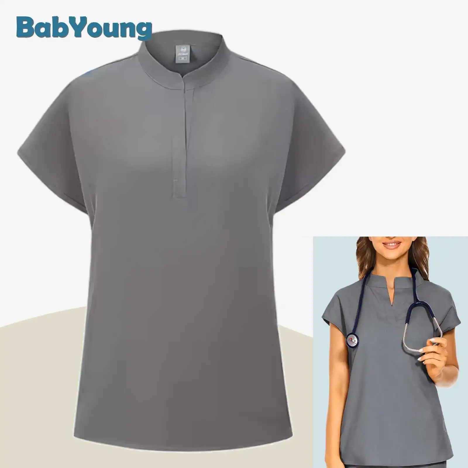 Fashion Stand Collar Scrubs Tops For Women Medical Uniforms Top Short Sleeve Blouse Soft Slim Nurse Shirts Lab Workwear Surgery