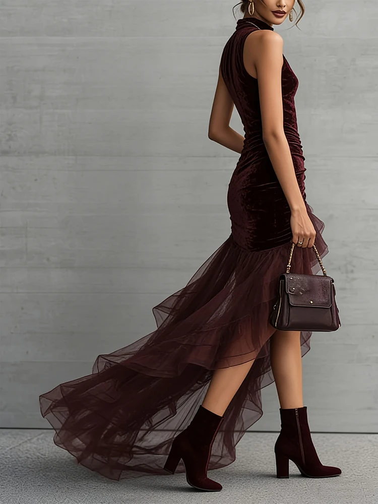 Elegant High Neck Mesh Splice Irregular Dress Fashion Solid Pleated Slim Dresses Luxury Velvet High Waist Trailing Evening Dress