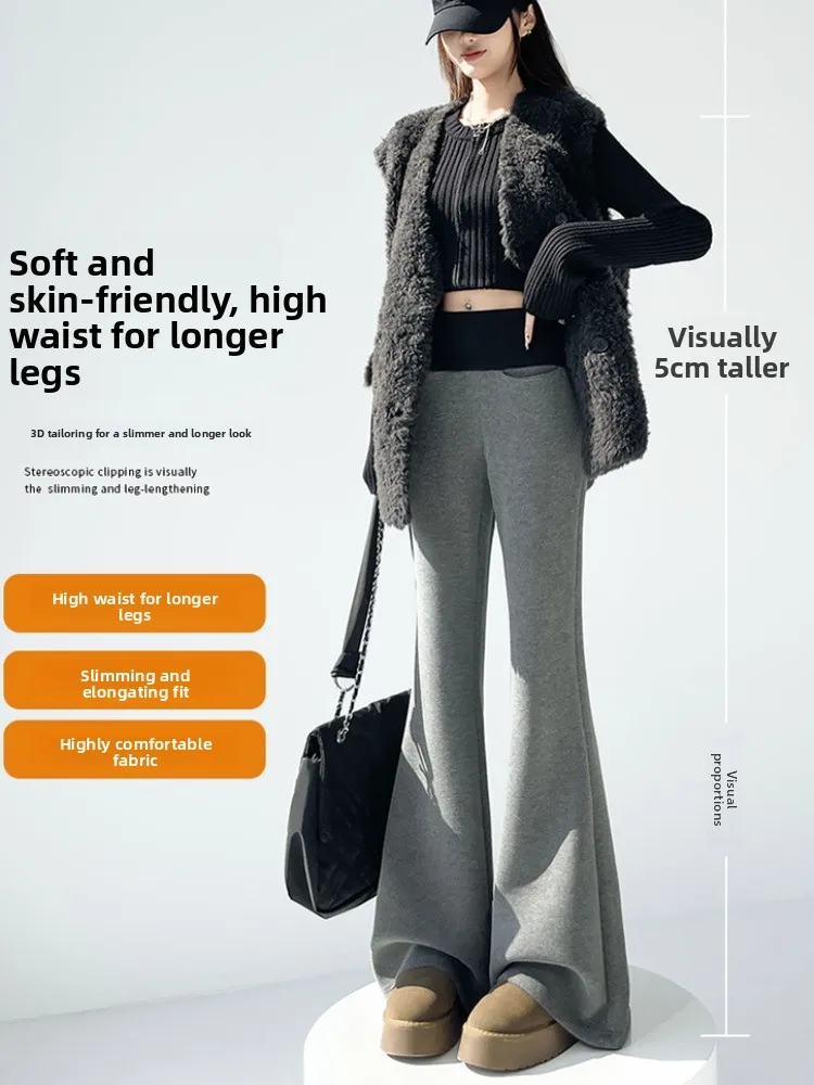 กางเกงขายาวทรงบานเล็กน้อยสำหรับผู้หญิง ผ้าขนสัตว์เทียม สำหรับฤดูใบไม้ร่วงและฤดูหนาว สีอเมริกัน ตัดต่อผ้าแบบสปลาชิ่ง ซับในด้วยผ้าขนสัตว์เทียม ทรงขากว้าง