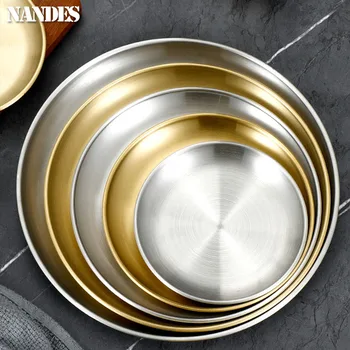 Stainless Steel Round Shallow Serving Tray in Gold or Silver, 14–30cm 1