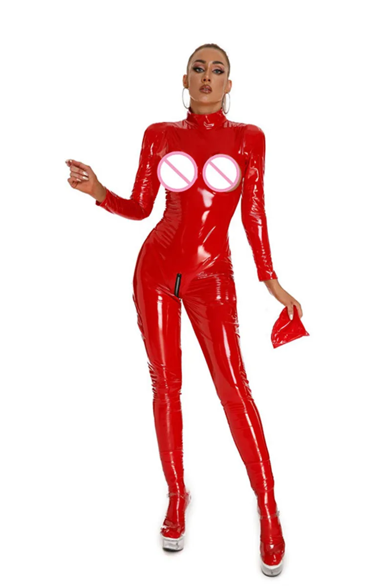 Vrouwen Natte Look Glanzend Pvc Latex Bodysuit Hoge Hals Lange Mouwen Rug Ritssluiting Open Kruis Catsuit Club Faux Lederen Jumpsuit