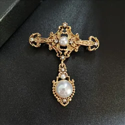 Retro Baroque Cross Openwork Pearl Brooch Pin Exquisite Sapphire Pendant Coat Collar Brooch Corsage Pin for Women