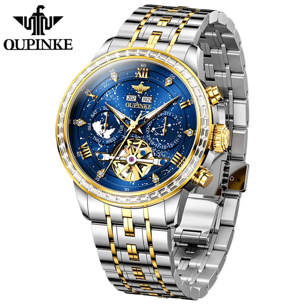 OUPINKE Original Skeleton Flywheel Fully Automatic Watch for Men Luxury Top Brand Diamond Lap Starry Men\'s Mechanical Wristwatch