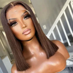 180Density Soft Short Bob Silky Straight Brown Lace Front Wig For Women Babyhair Preplucked Heat Resistant Wine 99j Glueless