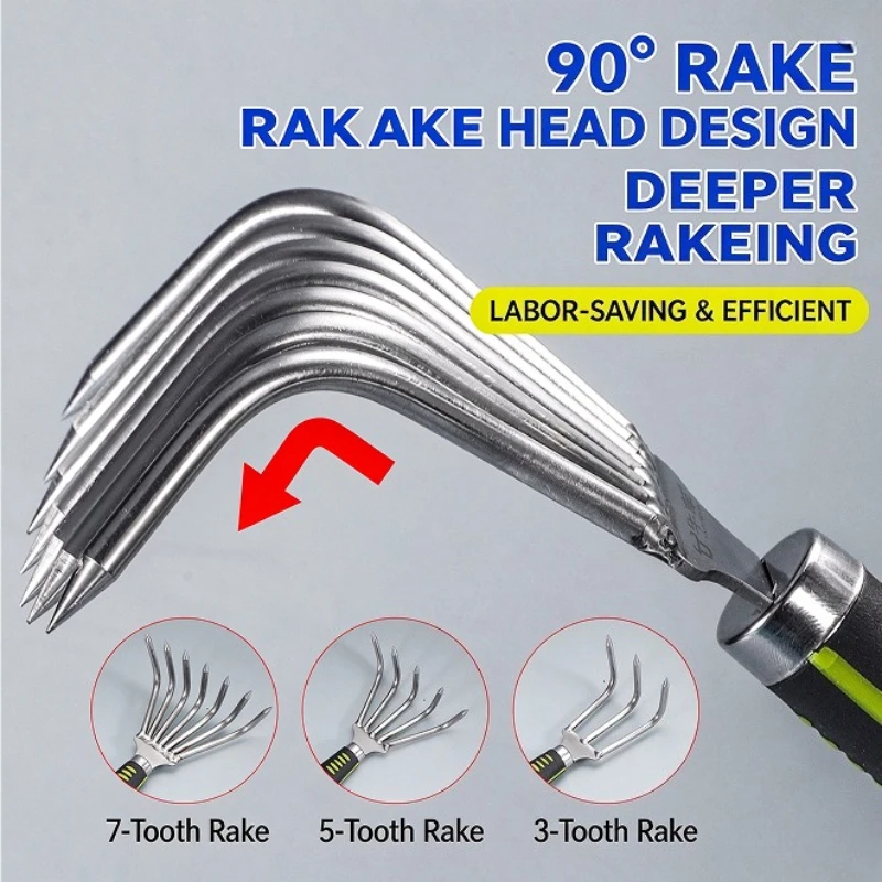 Stainless steel garden rake Household portable 3-speed 5-speed 7-speed gardening beach rake Suitable for lawn loosening tools