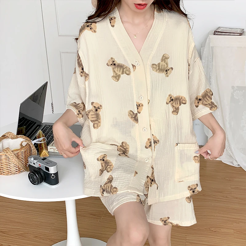 100% Cotton Double Gauze Nursing Pajamas for Maternity Summer Cartoon Printed Sleepwear Sets for Pregnant Women Home Hospital