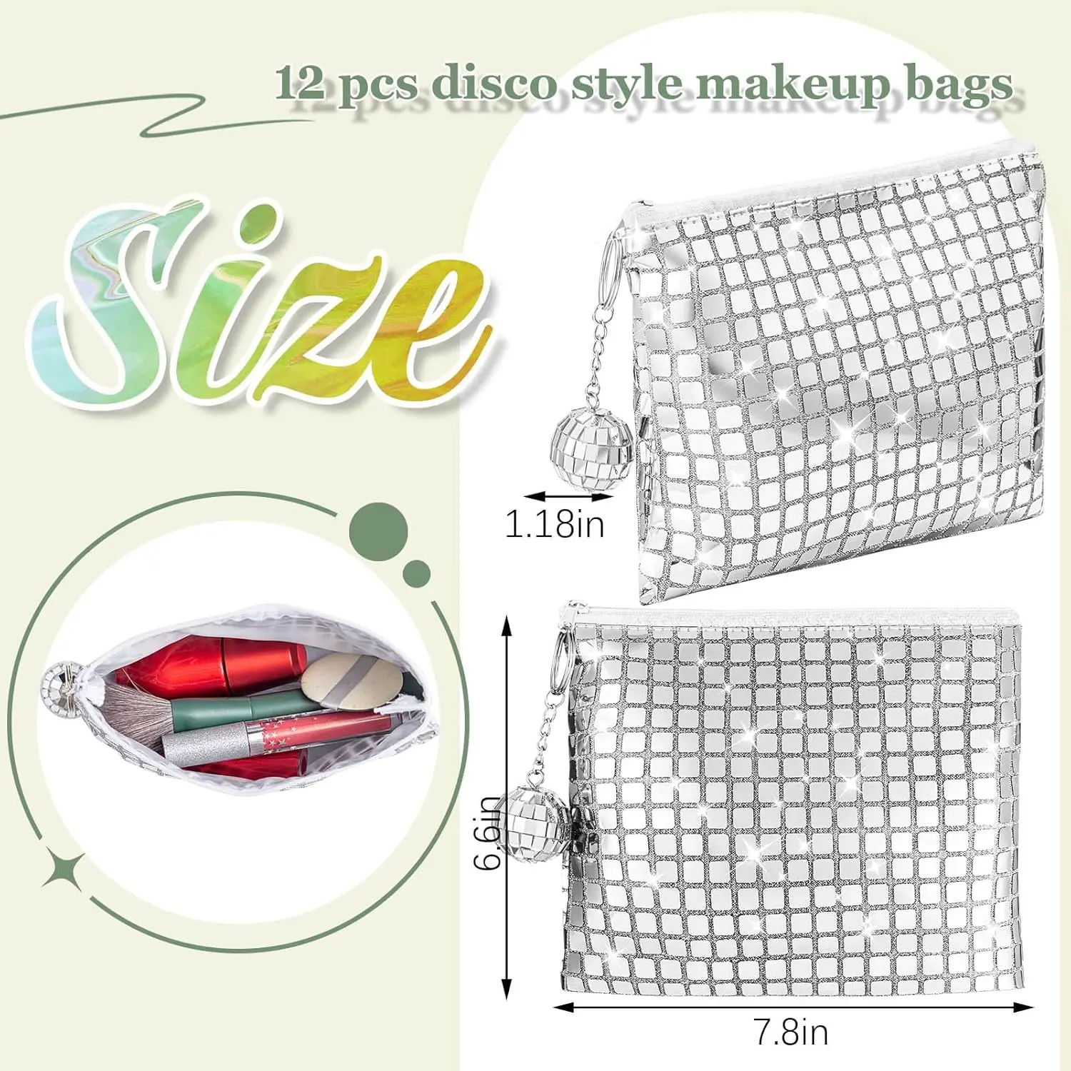 12 Pack Disco Party Favor Bags Bachelorette Sparkly Makeup Sequin Bag Portable Glitter Cosmetic Purse with Disco Keychain for Ba