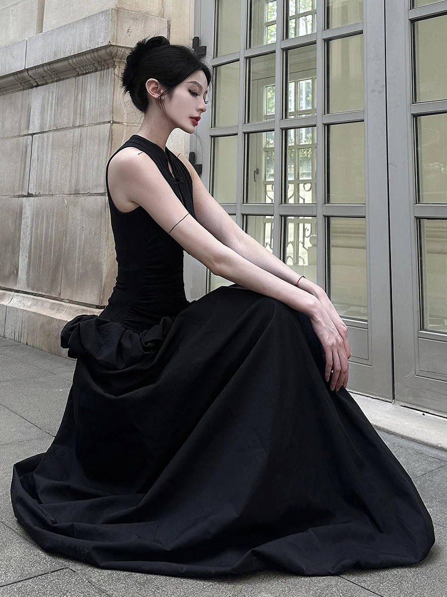 RORORIRI Retro łączona wzburzona bufiasta długa sukienka Maxi damska bez rękawów solidna dzianina wycięcie czarna Cheongsam neo-chińska suknia wieczorowa