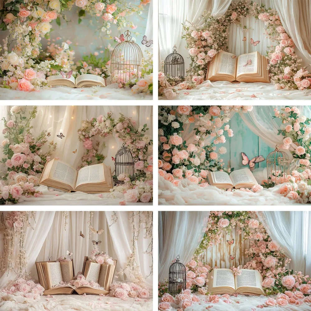 

Fantastical Garden Rose Bird Cage Fairy Tale Book Curtain Background, Children's Birthday Decoration Banner Photography Backdrop