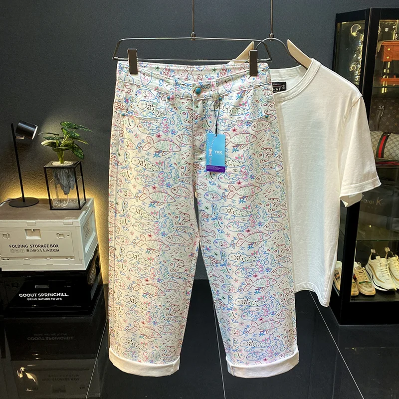 American retro high street jeans men's loose straight leg casual fashion printed design sense wide leg casual long pants
