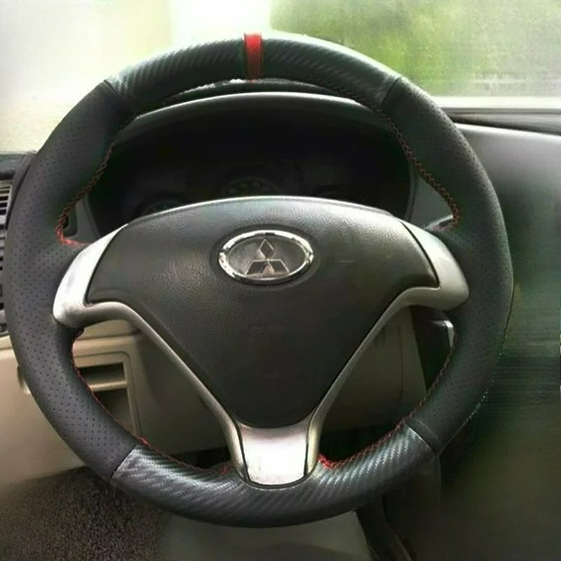 Hand-stitched renovation wear-resistant Non-slip carbon fiber black leather steering wheel cover For Mitsubishi v3