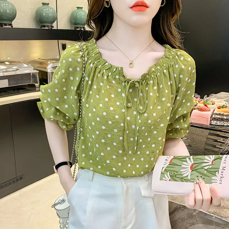 Women Summer Fashion Loose Polka Dot O-neck Short Sleeve Chiffon Shirt Ladies Casual All-match Appear Thin Lacing Trend Tops