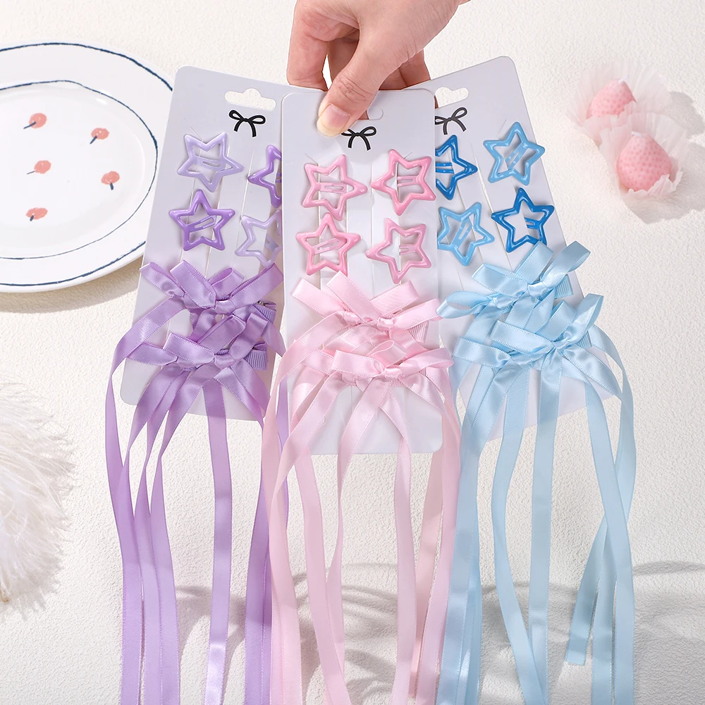 

6pcs/Set Y2k Star Snap Hair Clips with Solid Long Double Ponytail Ribbon Bowknot for Woman Girls Sweet Hair Accessories Headwear