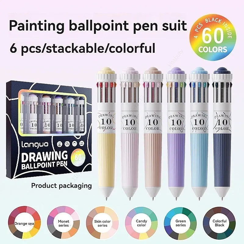 60 Colors Multicolor Pens Set 10-in-1 Colored Ballpoint Pen 0.8mm Fine Point Smooth Writing Pens for School Office Supplies