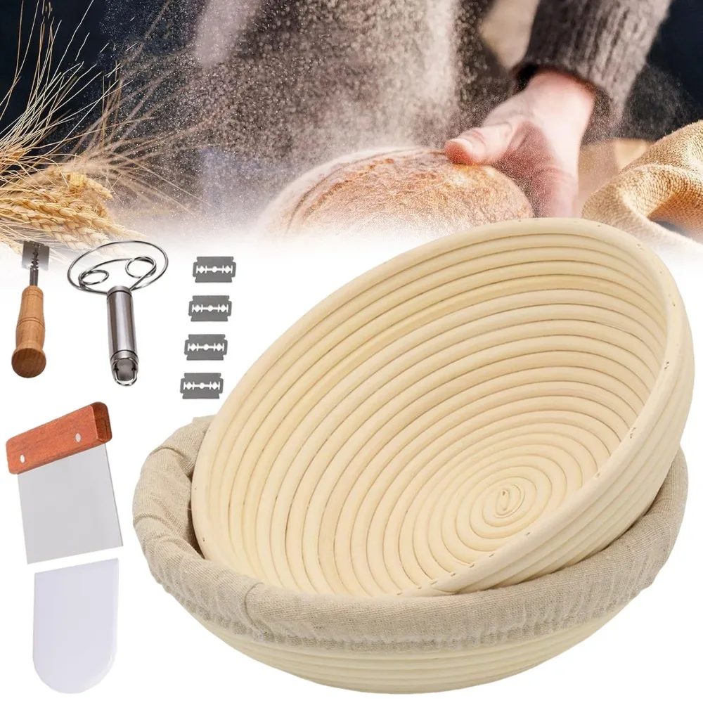 Brot-Gärkorb-Set, 2er-Pack 9 Zoll Runde Sauerteig-Bannetons, Komplettes Backzubehör für Artisan-Brot, Tolles Starter-Set für Hobbybäcker