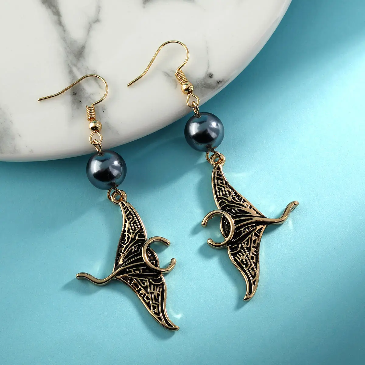 Handmade Hawaiian Black Enamel Manta Ray Earrings Ocean Beach Gift Drop Jewelry