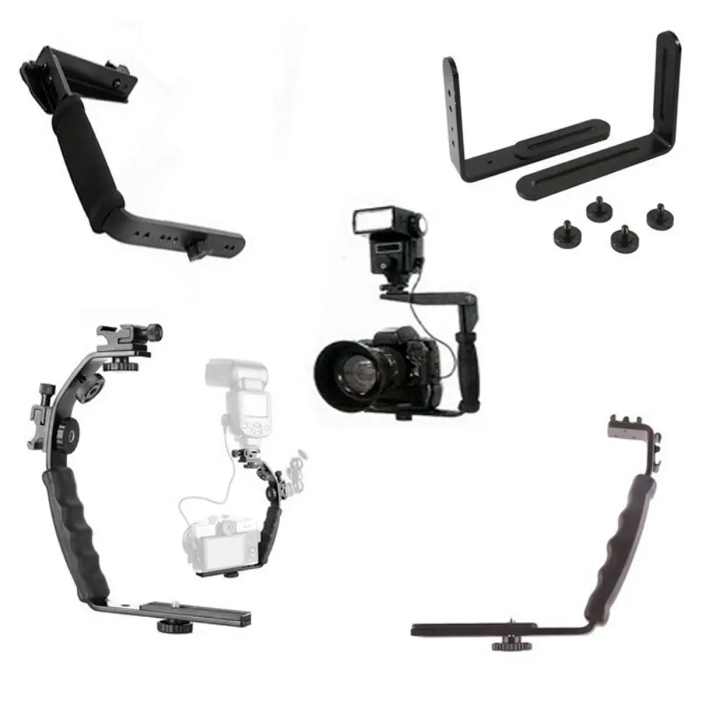 Aluminum Alloy Camera Flash Bracket Holder L-Shaped standard 1/4 screw holes Dual Hot Shoe Speedlight Stand Easy to Use Sturdy