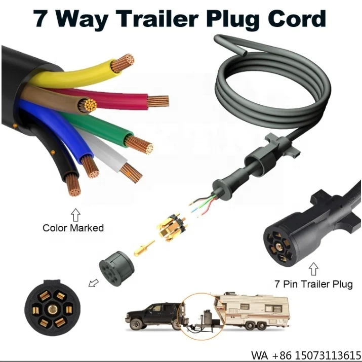 

7-контактный шнур прицепа, 7-контактный разъем жгута проводов, разъем с двойными зубцами, 6 футов для литого провода с лезвием кемпера, автофургона