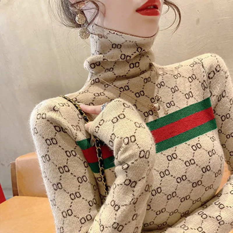 

Women Clothing Fashion Striped Turtleneck Sweaters Autumn Winter Letter Jacquard Knit Pullovers Elastic Slim Commute Tops