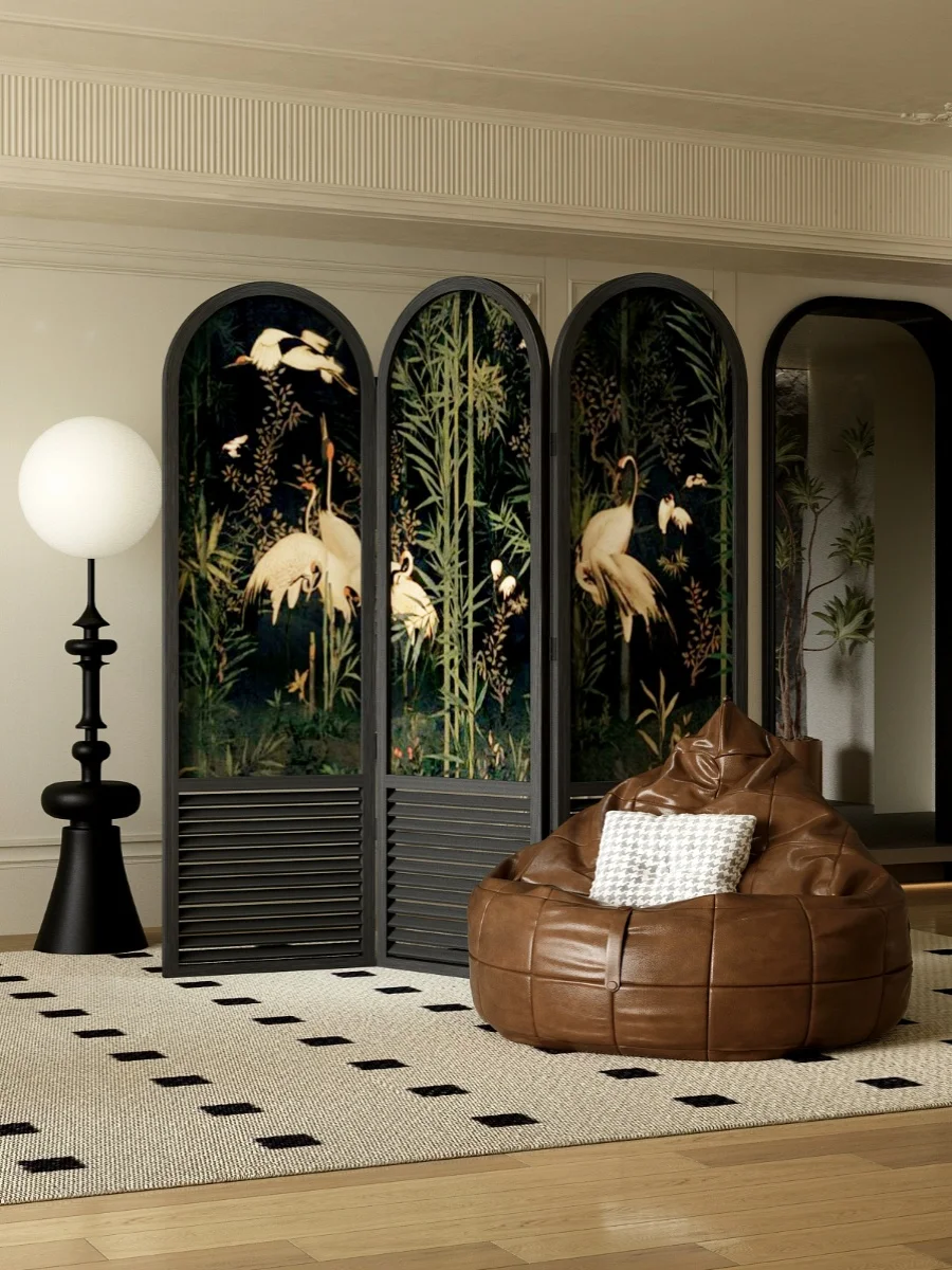 French retro solid wood screen folding American decoration home living room partition entrance blocking mobile folding screen.