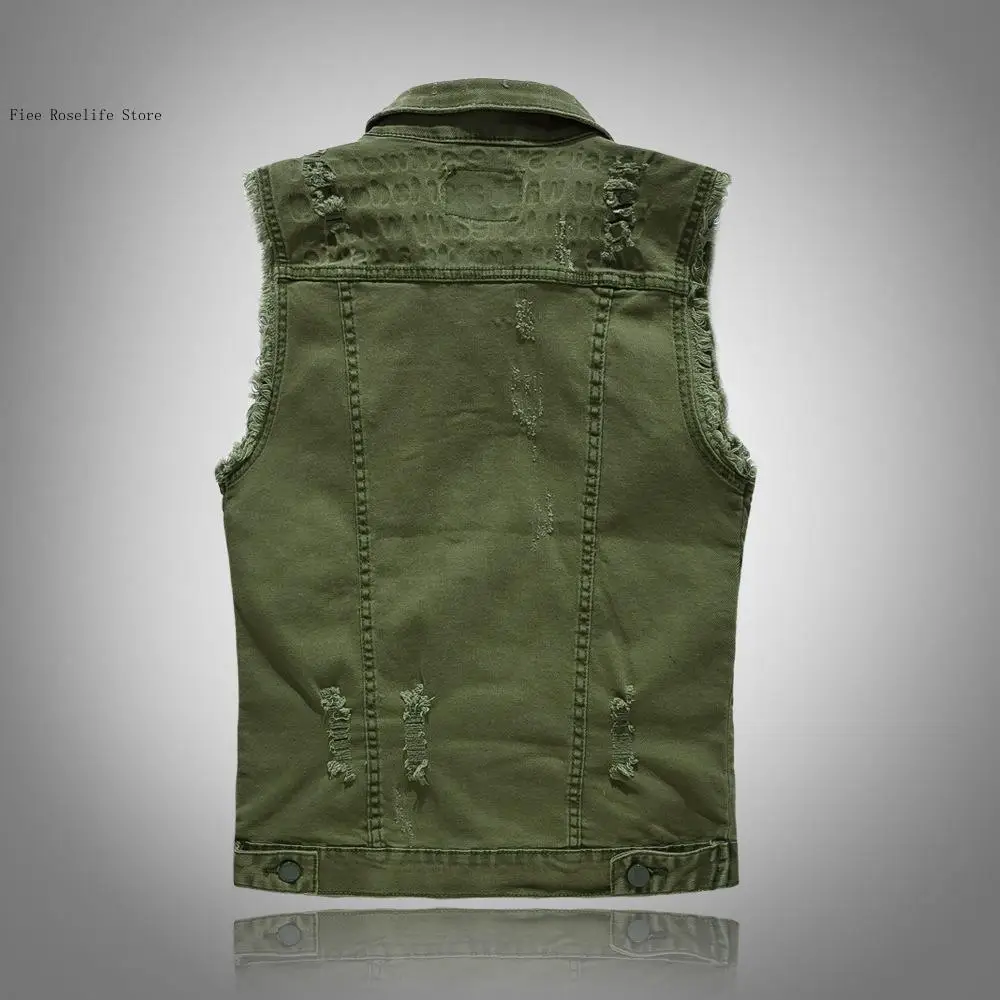 Summer Autumn Spring Punk Hole Denim Buttonslim Waistcoats Sleeveless Turn-Down Collar Jacket Vest Men